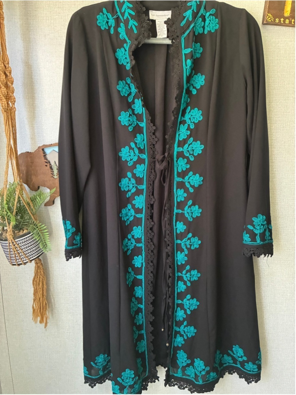 Soft Surroundings Padma Black Kimono XS Teal Embroidered Lace Trim
